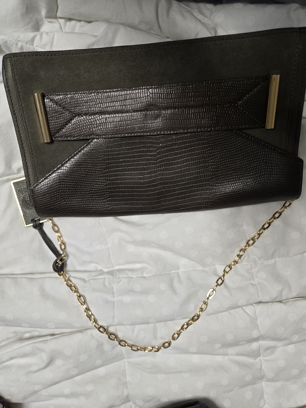 Vince Camuto Olive Suede and Dark Green Lizard-Embossed Clutch with Gold Chain
